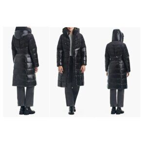 Vince Camuto Women's Velvet Mix Belted Hooded Puffer Coat